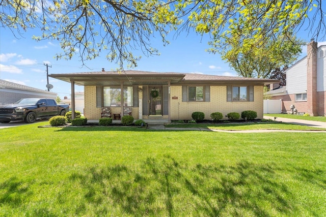 view of front of property featuring brick siding, a front lawn, and covered porch
