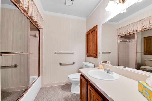 full bathroom with toilet, crown molding, vanity, and enclosed tub / shower combo