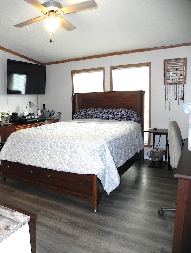 1232 Shiawassee River Rd, Three Rivers, MI 49093 - bedroom featuring vaulted ceiling, ornamental molding, dark wood-style floors, and ceiling fan