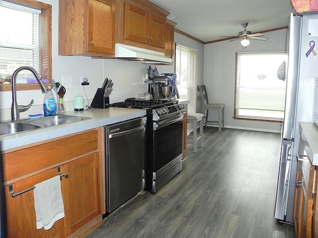 1232 Shiawassee River Rd, Three Rivers, MI 49093 - kitchen featuring stainless steel appliances, extractor fan, a sink, brown cabinetry, and dark wood-style floors