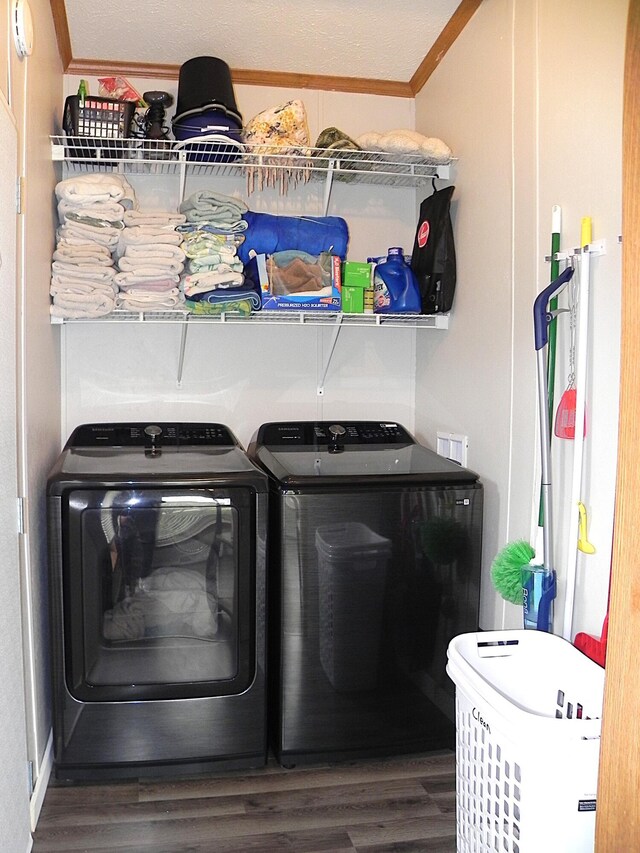 1232 Shiawassee River Rd, Three Rivers, MI 49093 - washroom featuring washer and dryer, wood finished floors, and crown molding