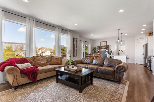 living room featuring recessed lighting, wood finished floors, and baseboards