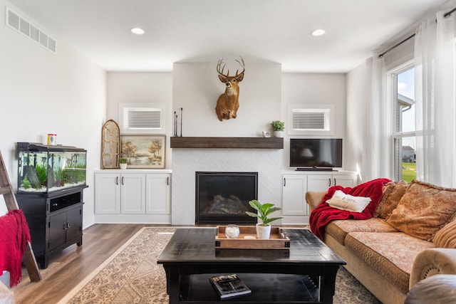 living area featuring wood finished floors, a glass covered fireplace, and recessed lighting