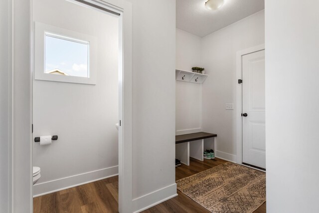 mudroom featuring wood finished floors and baseboards