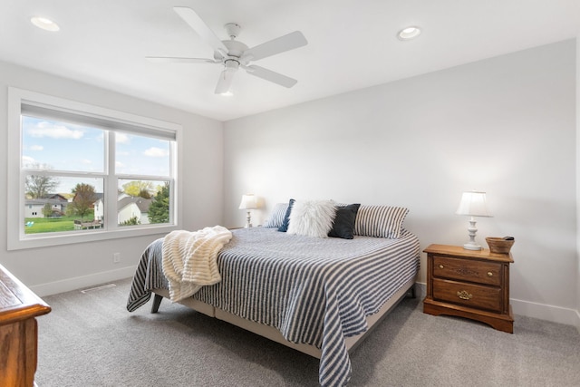 carpeted bedroom with baseboards, recessed lighting, and ceiling fan