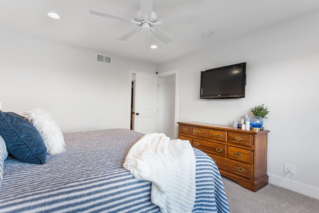 bedroom featuring carpet floors, recessed lighting, ceiling fan, and baseboards
