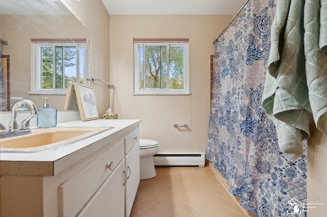 bathroom featuring a baseboard radiator, toilet, vanity, tile patterned floors, and curtained shower