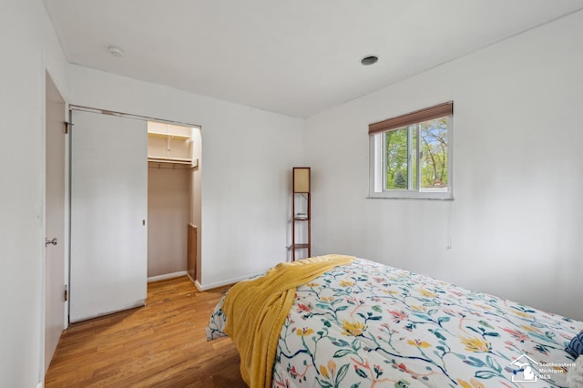 bedroom with light wood-style floors, baseboards, a closet, and a walk in closet