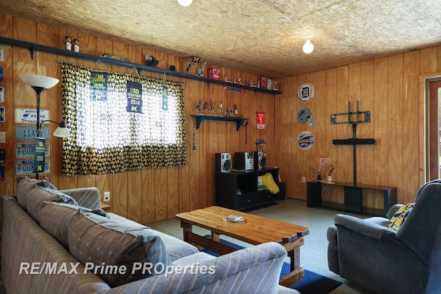 living room featuring wood walls