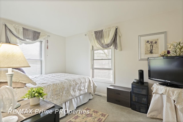 bedroom featuring carpet floors, multiple windows, and baseboards