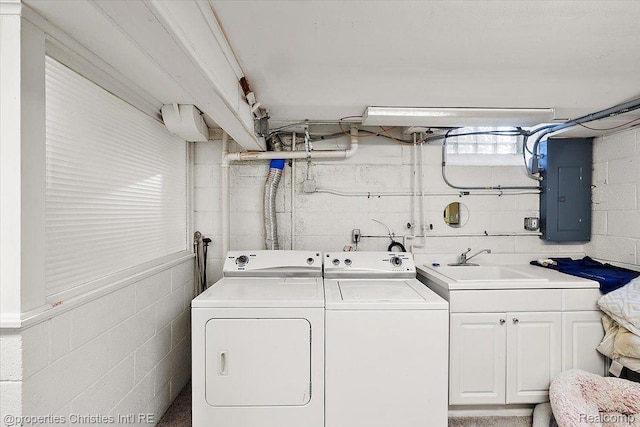 26335 Woodlore Rd, Franklin, MI 48025 - washroom featuring electric panel, washer and dryer, concrete block wall, and cabinet space