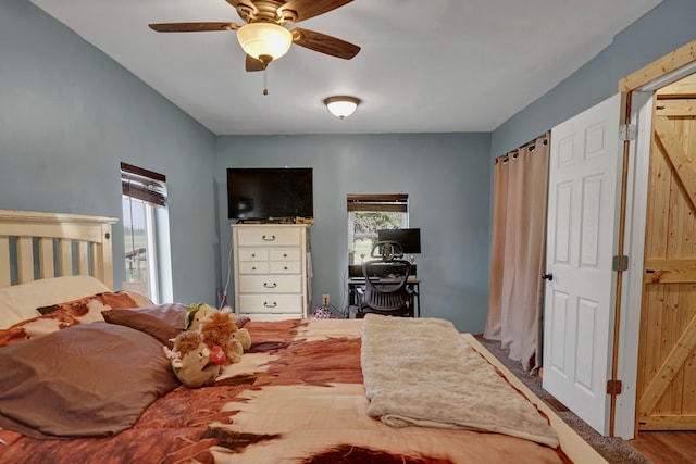 bedroom with multiple windows, ceiling fan, a desk, and wood finished floors
