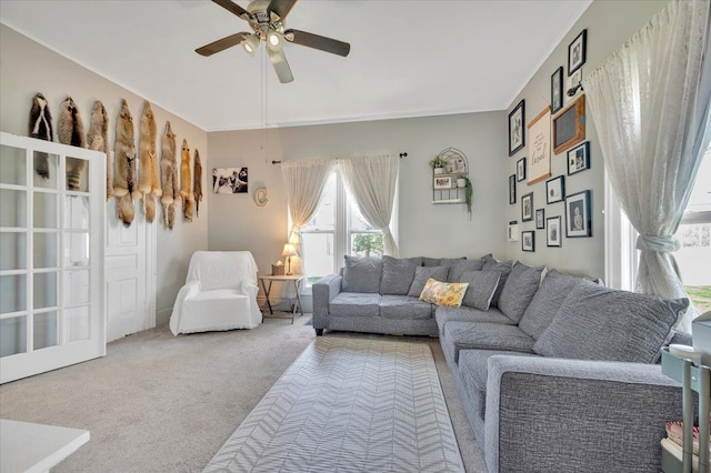 living area with a ceiling fan, carpet, and ornamental molding