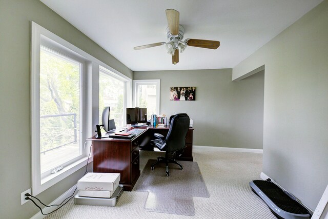 office space with carpet flooring, healthy amount of natural light, ceiling fan, and baseboards