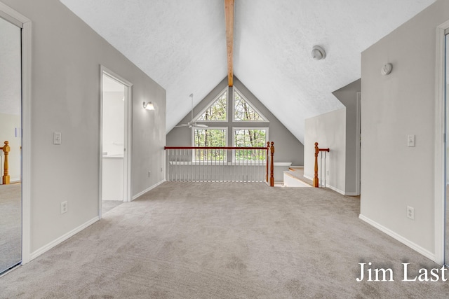 additional living space featuring carpet, baseboards, and a textured ceiling