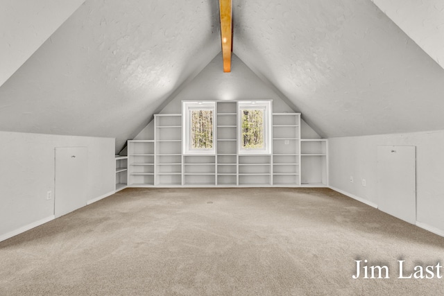 additional living space featuring built in features, carpet floors, baseboards, and a textured ceiling