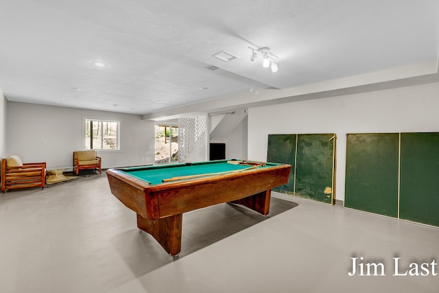 playroom featuring finished concrete floors, billiards, and recessed lighting