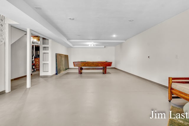recreation room featuring baseboards, finished concrete floors, and billiards table