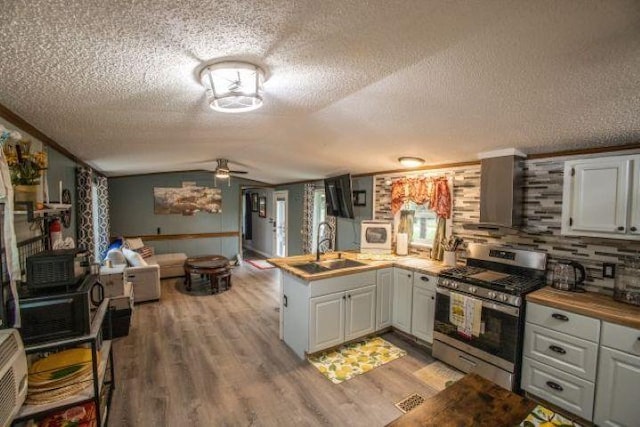 11930 State Rd, Cadillac, MI 49601 - kitchen featuring stainless steel gas stove, a peninsula, a textured ceiling, a sink, and light wood-style floors