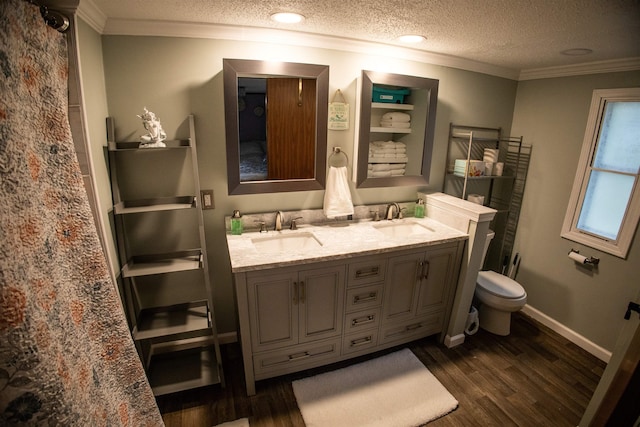 11930 State Rd, Cadillac, MI 49601 - full bathroom featuring wood finished floors, ornamental molding, a textured ceiling, double vanity, and toilet