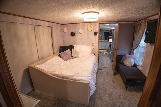 11930 State Rd, Cadillac, MI 49601 - bedroom with a textured ceiling, carpet flooring, and crown molding