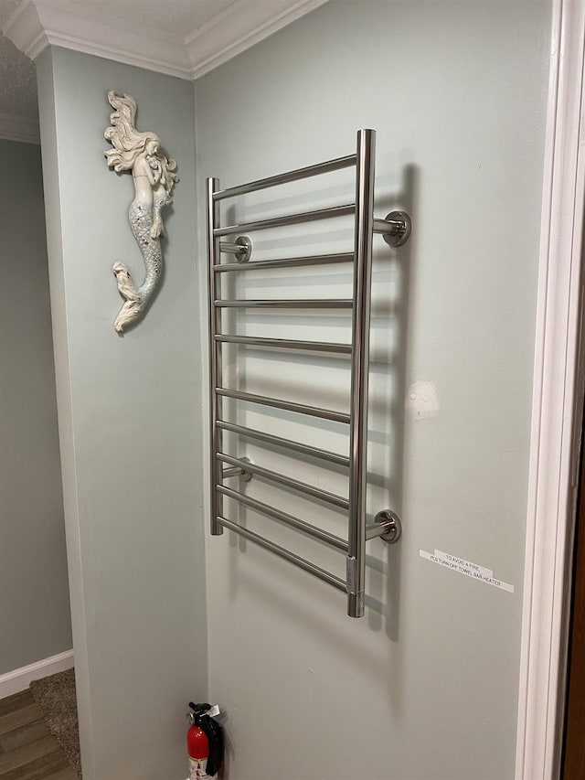 11930 State Rd, Cadillac, MI 49601 - detailed view of crown molding, radiator heating unit, a fire extinguisher, wood finished floors, and baseboards