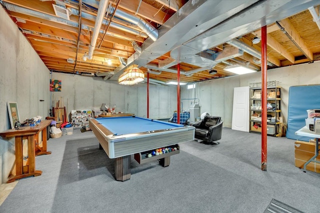 game room with pool table and carpet flooring
