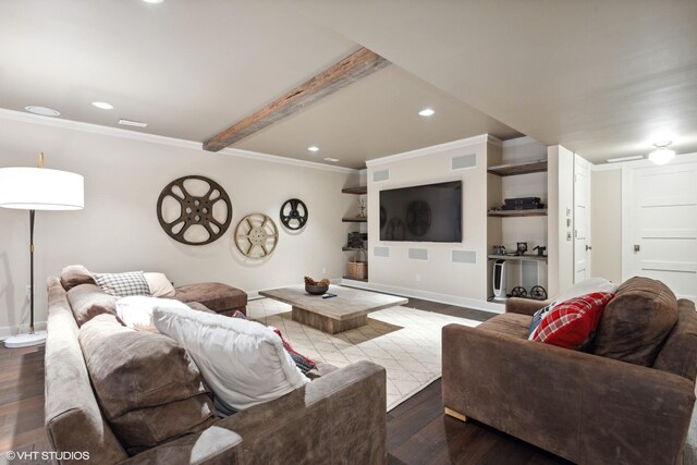 living room with crown molding, wood finished floors, recessed lighting, baseboards, and beamed ceiling