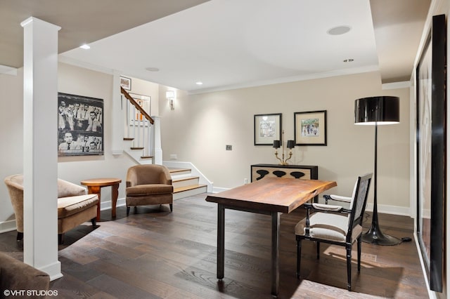 dining room with ornamental molding, baseboards, dark wood finished floors, stairway, and recessed lighting