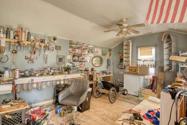 321 N Norman St, Barryton, MI 49305 - miscellaneous room featuring a ceiling fan, wood finished floors, a workshop area, and lofted ceiling