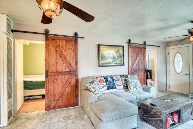 321 N Norman St, Barryton, MI 49305 - living area with a barn door, a ceiling fan, light colored carpet, and a textured ceiling