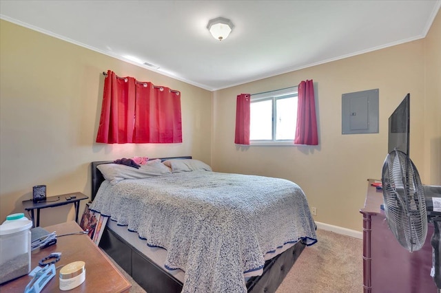 3935 Orr Dr, North Branch, MI 48461 - carpeted bedroom featuring electric panel, ornamental molding, and baseboards