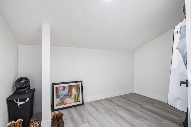 additional living space featuring wood finished floors, lofted ceiling, and baseboards