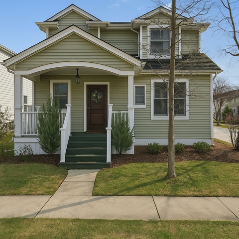 view of front of home with a front yard and covered porch