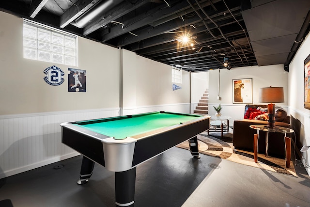 1106 Bennaville Ave, Birmingham, MI 48009 - playroom featuring billiards table, a wainscoted wall, and concrete flooring