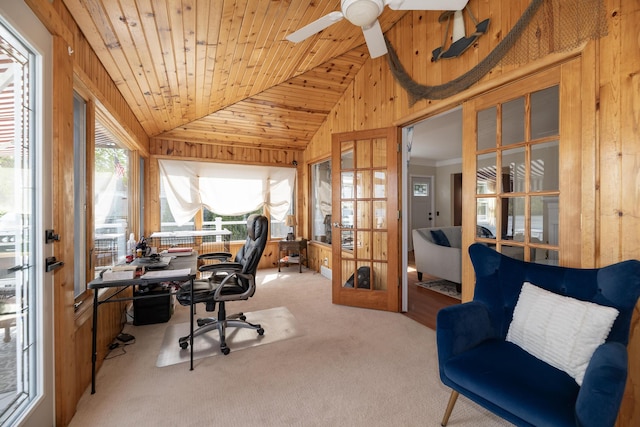 8811 Waruf Ave, Portage, MI 49002 - carpeted home office with wood walls, lofted ceiling, french doors, ceiling fan, and wooden ceiling
