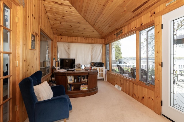 8811 Waruf Ave, Portage, MI 49002 - carpeted office space featuring vaulted ceiling, wooden ceiling, and wooden walls