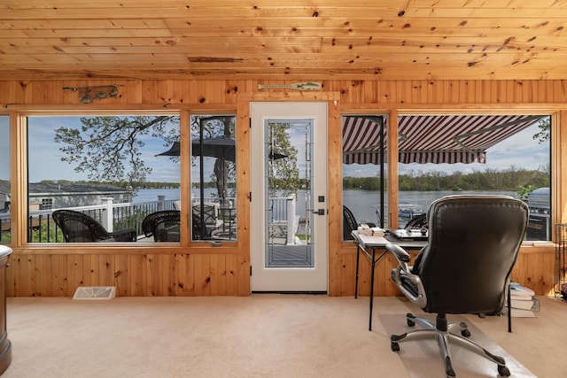 8811 Waruf Ave, Portage, MI 49002 - carpeted home office with wooden walls, a water view, and wood ceiling