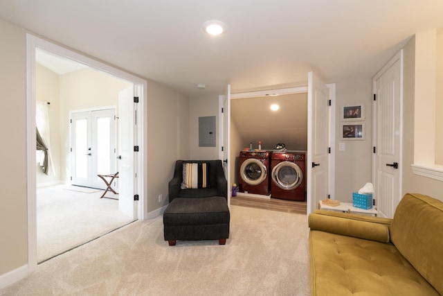 8811 Waruf Ave, Portage, MI 49002 - living area with washer and dryer, electric panel, carpet flooring, and recessed lighting