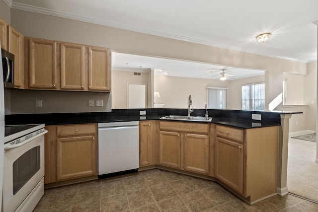 1708 Deepwood Cir, Rochester, MI 48307 - kitchen with white appliances, a sink, a peninsula, ceiling fan, and crown molding