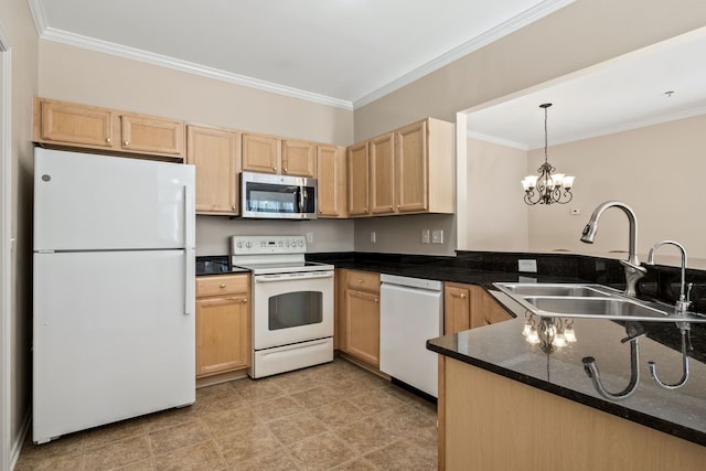 1708 Deepwood Cir, Rochester, MI 48307 - kitchen featuring white appliances, a sink, light brown cabinetry, a chandelier, and crown molding