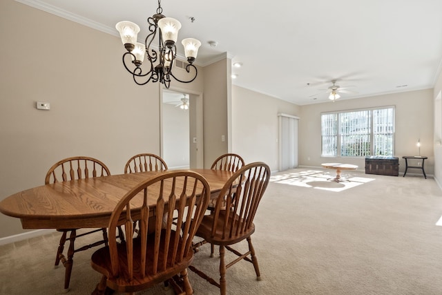 1708 Deepwood Cir, Rochester, MI 48307 - carpeted dining area featuring a ceiling fan, ornamental molding, baseboards, and a chandelier