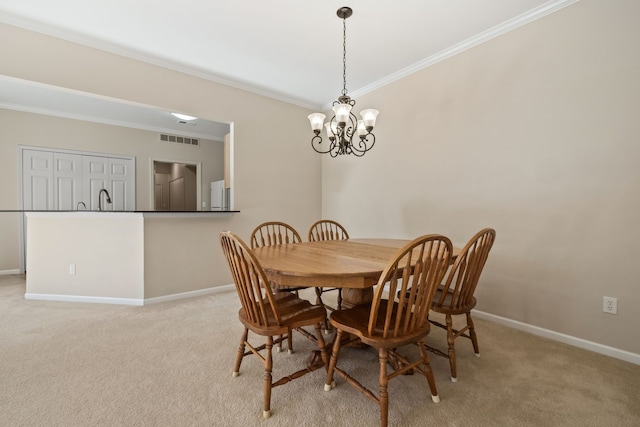 1708 Deepwood Cir, Rochester, MI 48307 - carpeted dining space with crown molding, baseboards, a chandelier, and a sink