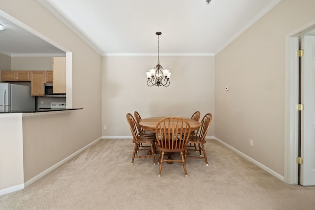 1708 Deepwood Cir, Rochester, MI 48307 - dining area featuring crown molding, light colored carpet, baseboards, and a chandelier