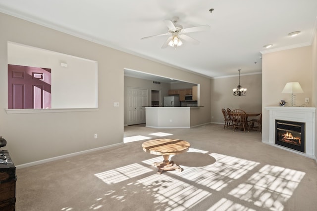 1708 Deepwood Cir, Rochester, MI 48307 - living room featuring crown molding, carpet, ceiling fan, baseboards, and a chandelier