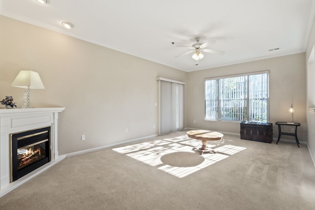 1708 Deepwood Cir, Rochester, MI 48307 - carpeted living area featuring a ceiling fan, ornamental molding, a glass covered fireplace, and baseboards