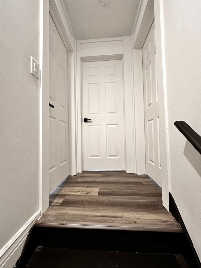 stairway featuring wood finished floors