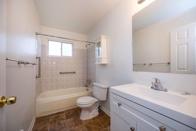 full bathroom featuring baseboards, toilet,  shower combination, and vanity