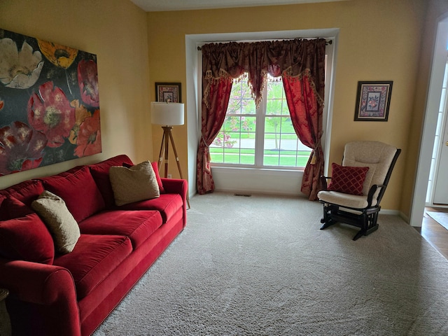 living area with carpet floors and baseboards