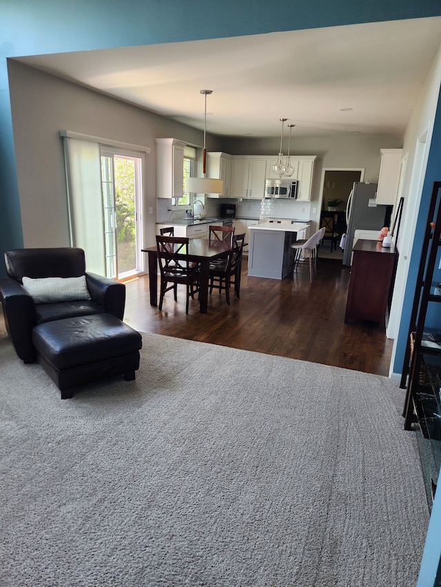 living area featuring dark wood-style flooring